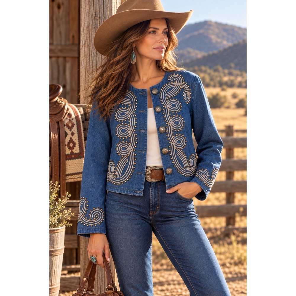 Double D Ranch Heavy Studded Denim Jacket Soutache Detail Size L